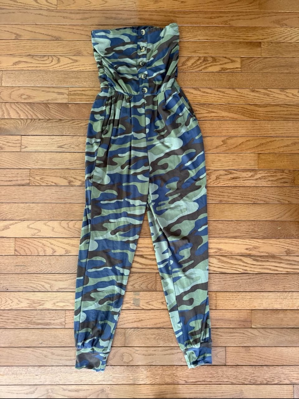 Derek Heart Strapless Camo Jumpsuit in Green and Olive